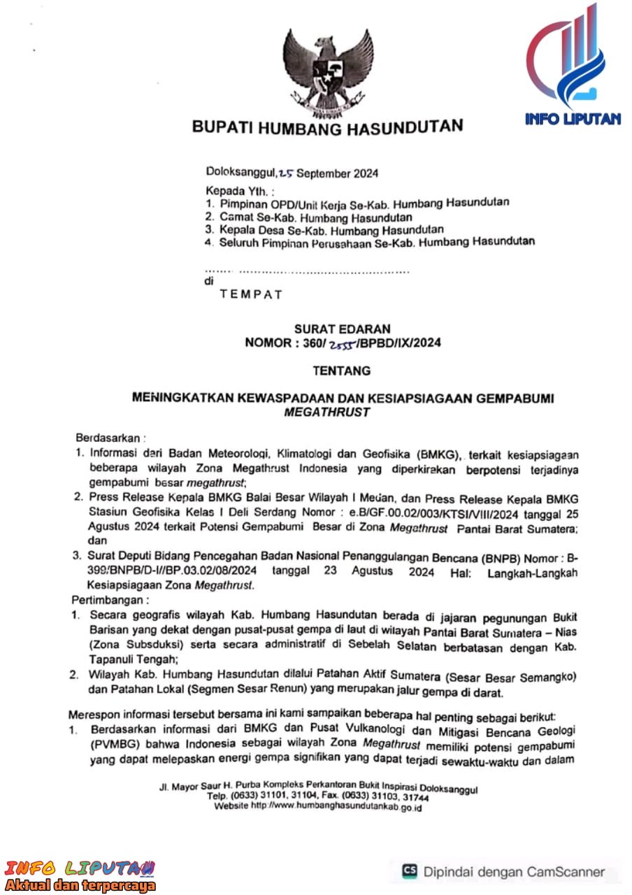 Pemkab Humbahas Himbau Masyarakat Waspada Megathrust