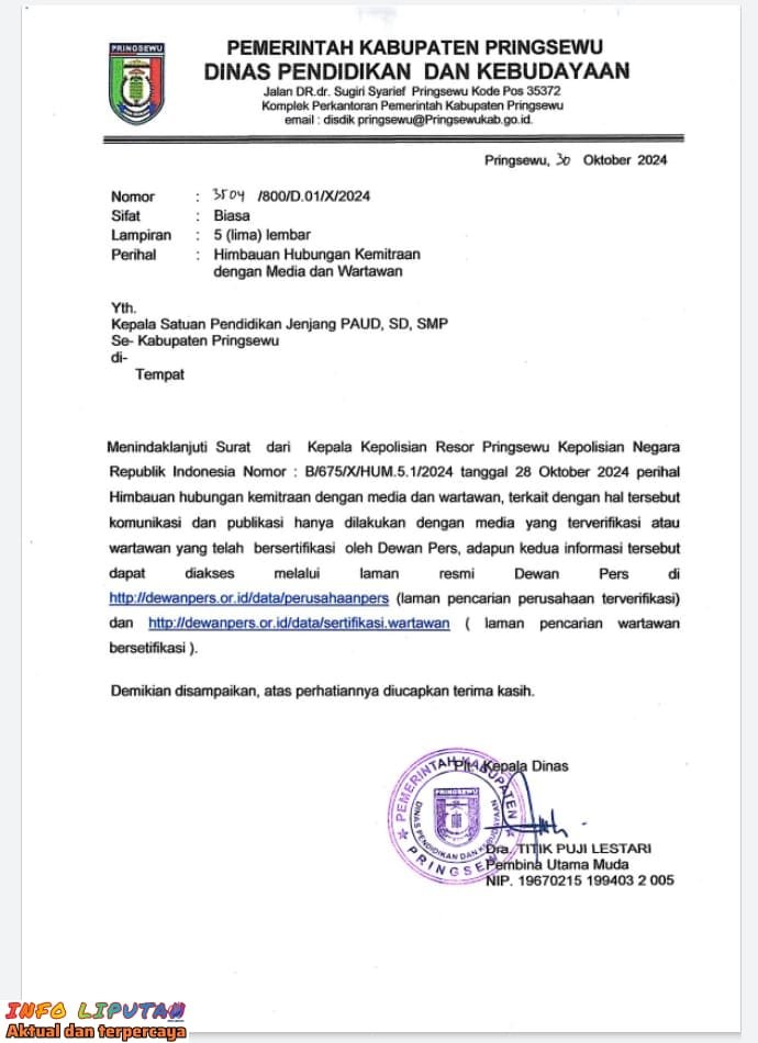 Surat himbawan kepala dinas pendidikan kab. Pringsewu