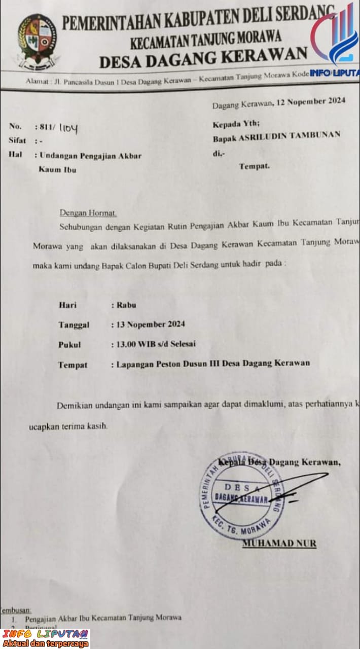 Surat Undangan ke Salah Satu Paslon viral di Sosmed, Panwaslu Tanjung morawa Akan Periksa Kades Dagang Kerawan 